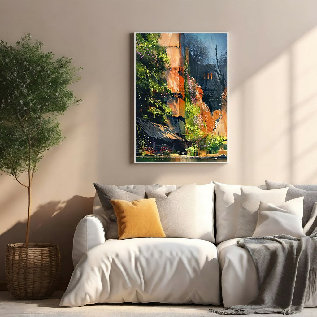 Wadi Home vibrant watercolor landscape painting with lush greenery and a rustic dwelling, featuring oranges, greens, and blues.