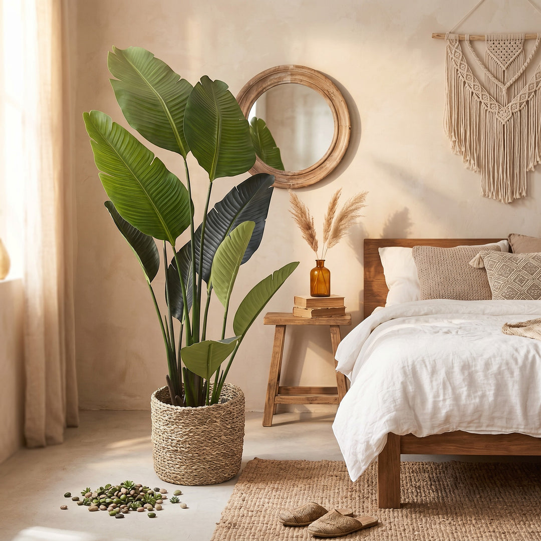 Wadi Home large artificial Fiddle Leaf Fig plant with lush green leaves in a woven basket, set in a bedroom.