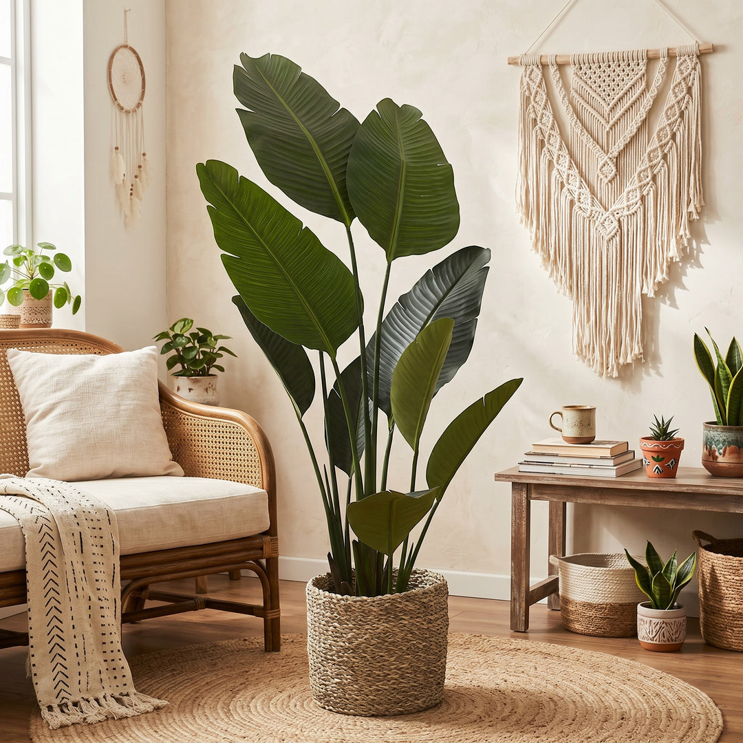 Wadi Home Large artificial Fiddle Leaf Fig plant with lush green leaves in a woven pot, styled in a boho living room.