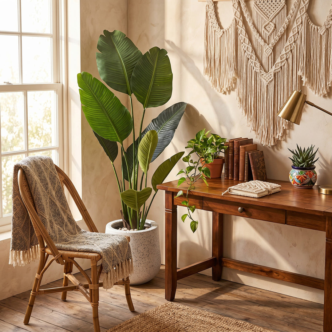 Wadi Home Large Bird of Paradise artificial plant with lush green leaves in a white textured pot.