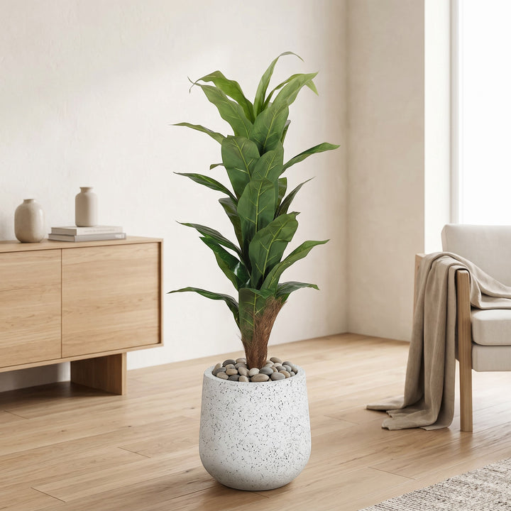 Wadi Home Large Fiddle Leaf Fig Tree in a speckled white pot with grey pebbles, realistic green leaves.