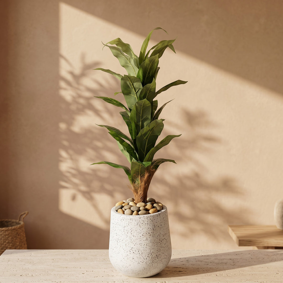 Wadi Home Large Fiddle Leaf Fig Tree in a speckled white pot with pebbles on top. Realistic artificial plant.