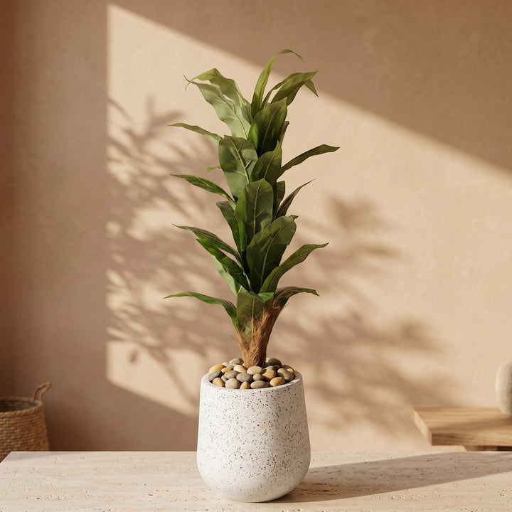 Wadi Home Large Fiddle Leaf Fig Tree in a speckled white pot with pebbles on top. Realistic artificial plant.
