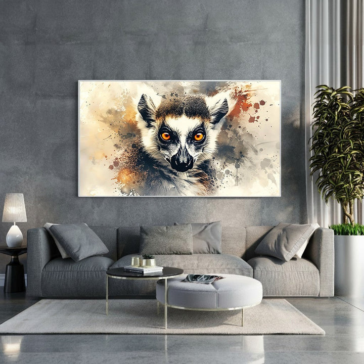 Wadi Home framed canvas print of a ring-tailed lemur with striking orange eyes, rendered in a watercolor splash art style.