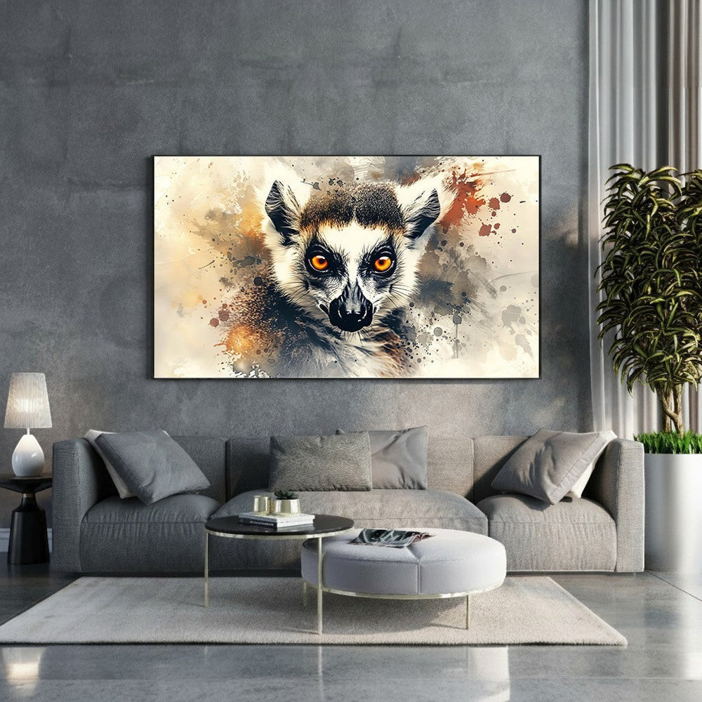 Wadi Home framed canvas print of a ring-tailed lemur with striking orange eyes, rendered in a watercolor splash art style.