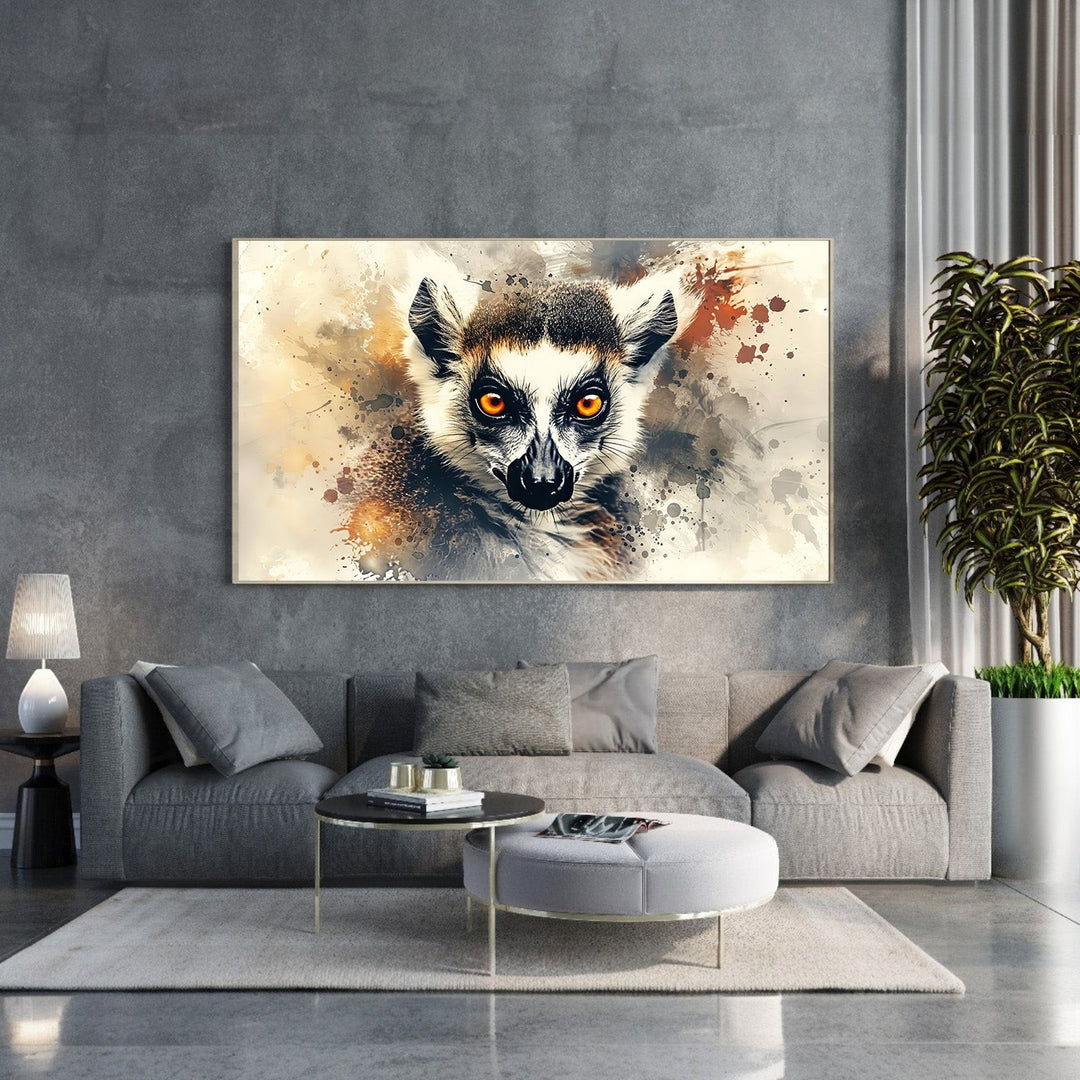 Wadi Home framed print of a ring-tailed lemur with striking orange eyes, rendered in a watercolor splash art style.
