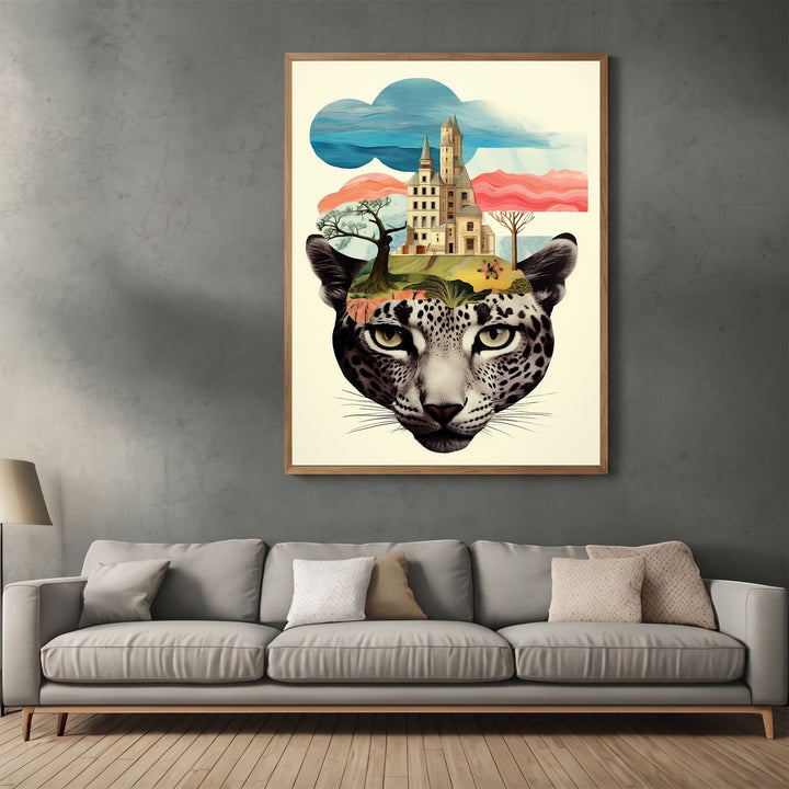 Wadi Home surreal leopard castle wall art print featuring a snow leopard head with a fairytale castle landscape above.