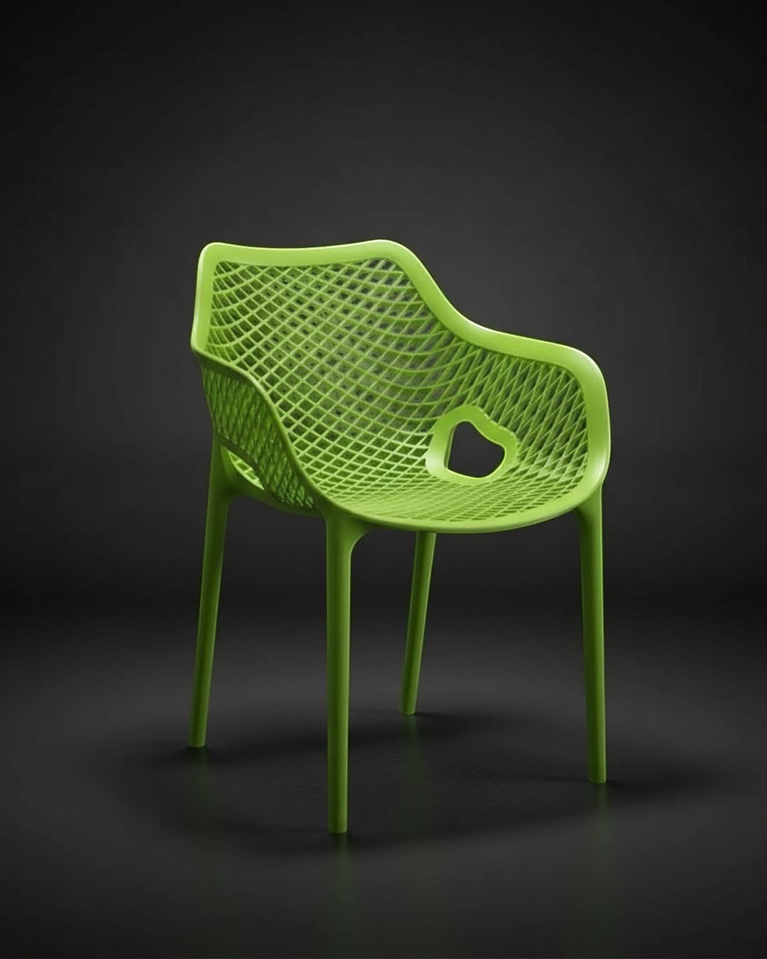 Wadi Home modern lime green armchair with a breathable lattice pattern and ergonomic armrests on a dark background.