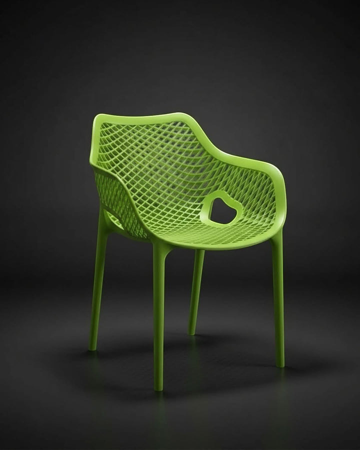 Wadi Home modern lime green armchair with a breathable lattice pattern and ergonomic armrests on a dark background.