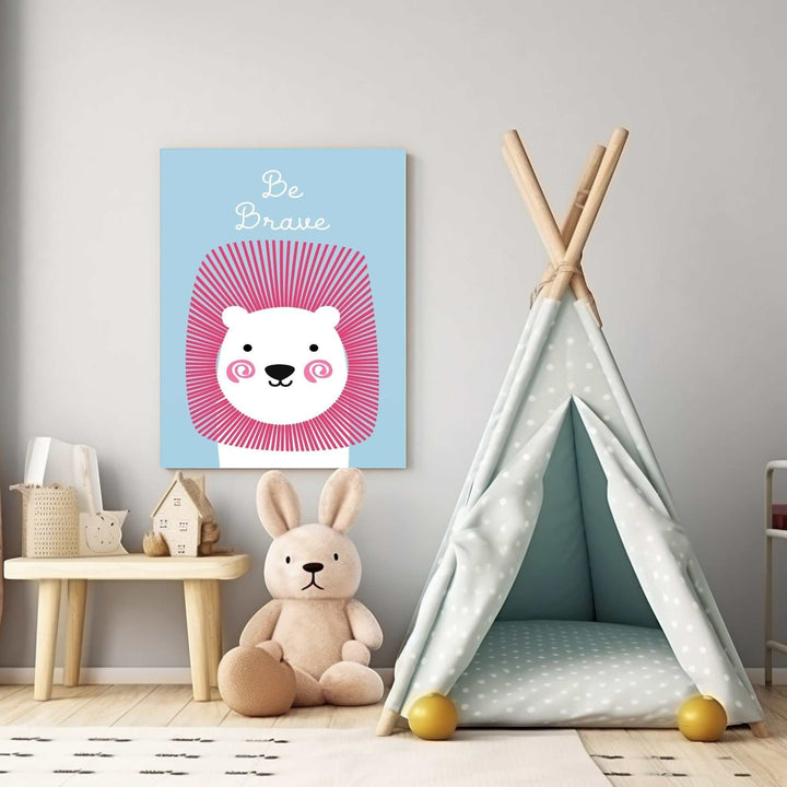 Wadi Home Be Brave Lion Nursery Art with pink mane on blue background, inspiring courage for a child's room.