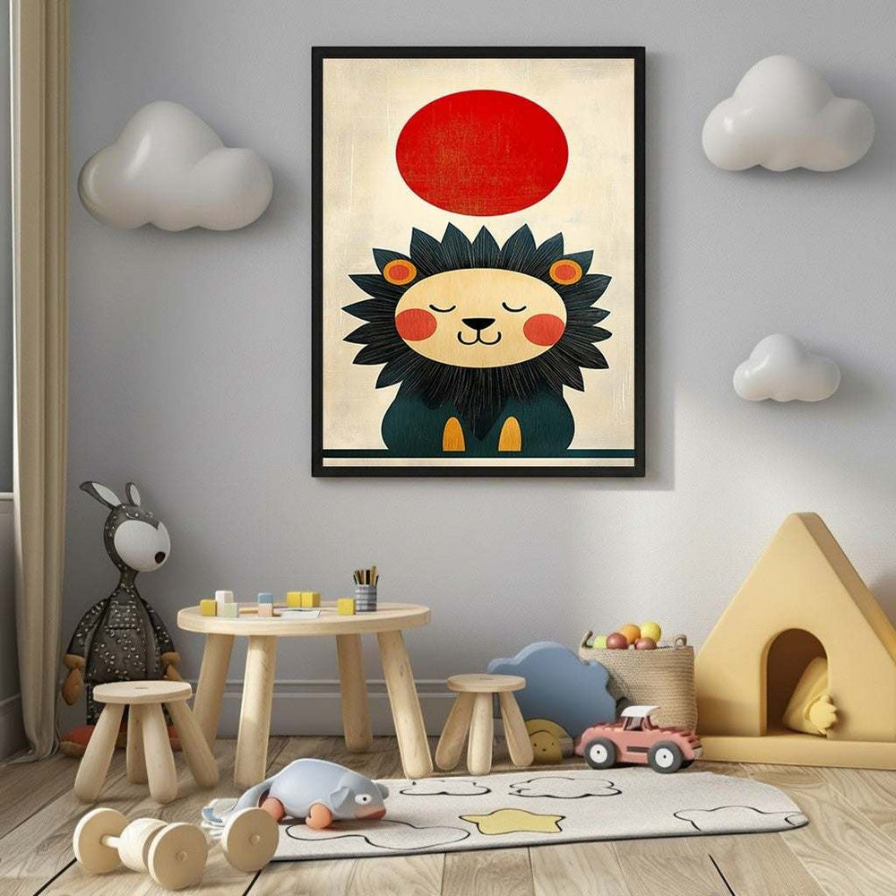 Wadi Home cute lion with red sun wall art for nursery, featuring a stylized lion with dark mane and teal body against a textured cream background.