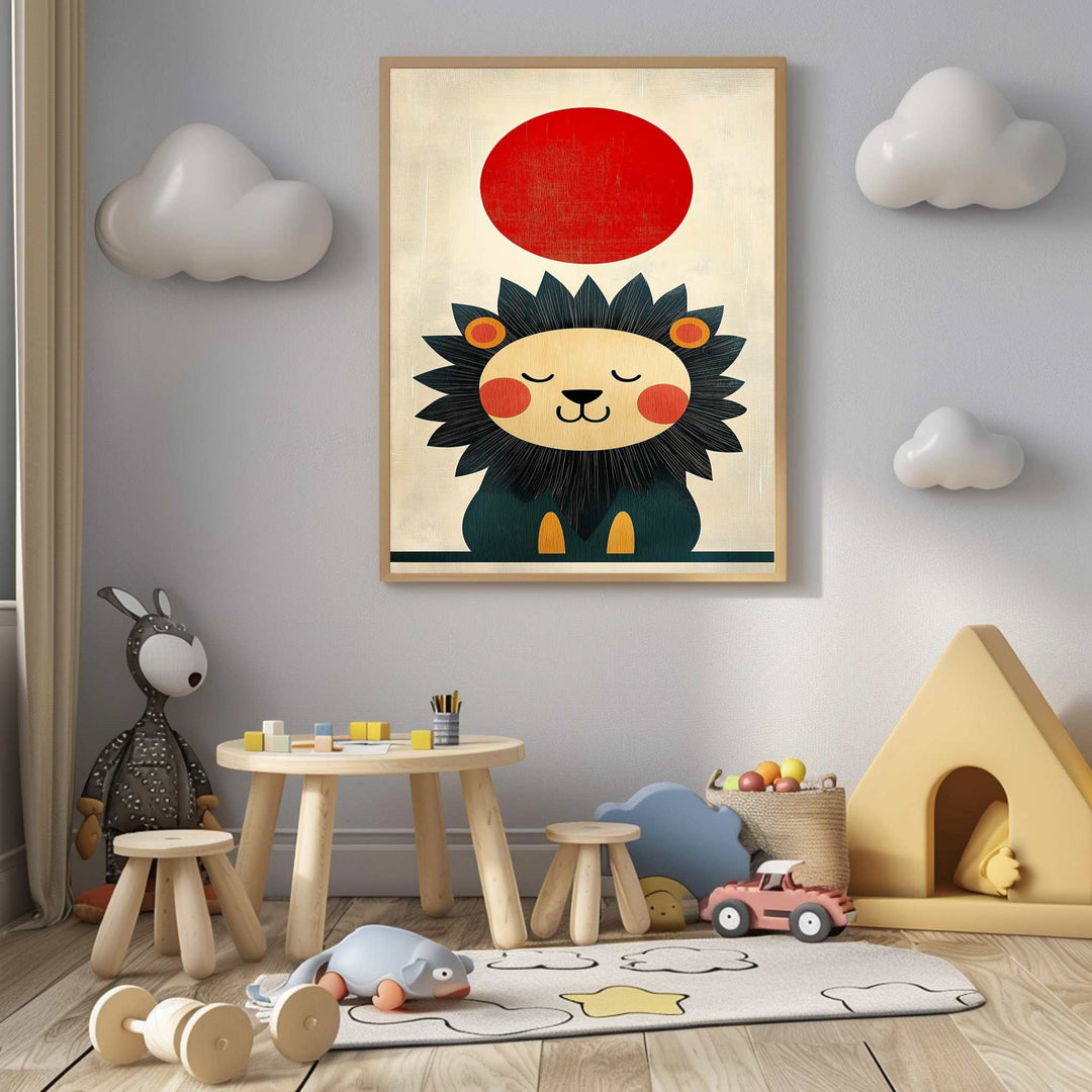 Wadi Home cute lion with red sun wall art for nursery or playroom. Features a stylized lion with dark mane and orange accents against a cream background with a red circle.