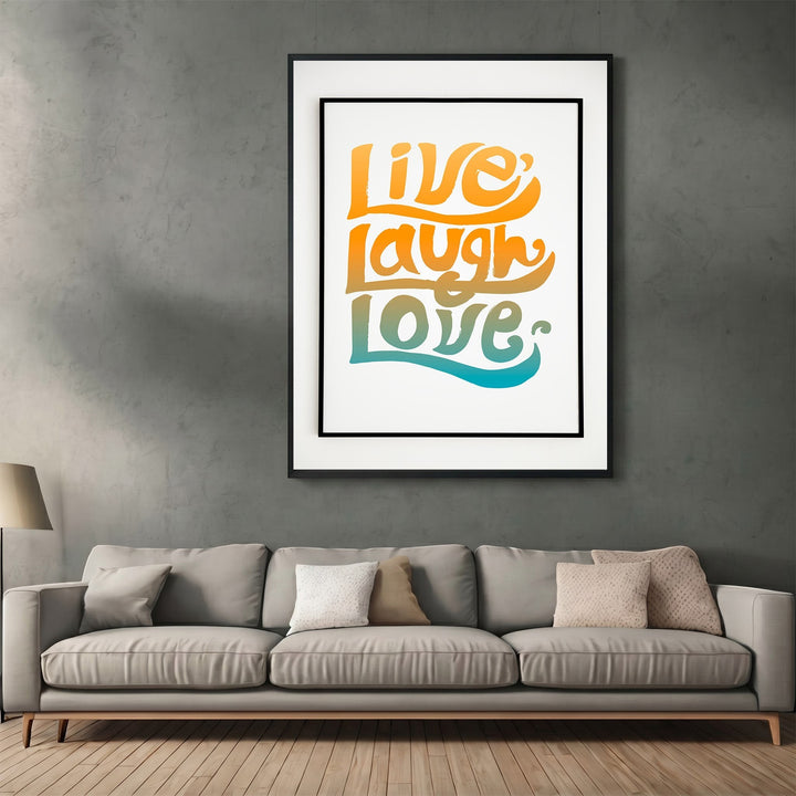 Wadi Home framed wall art with groovy Live Laugh Love typography in sunset orange, yellow, and teal gradient colors.