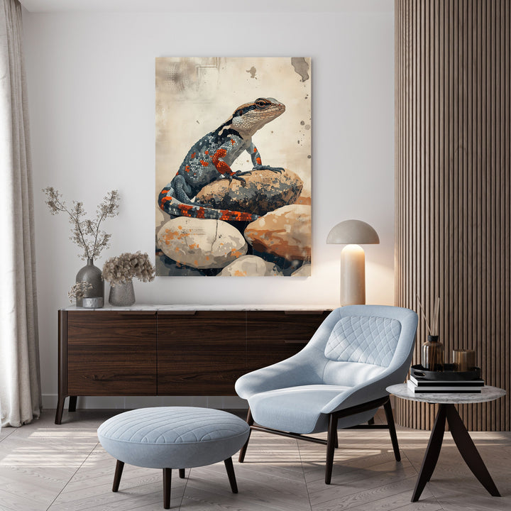 Wadi Home Lizard on Rocks Wall Art, featuring a detailed illustration of a colorful lizard on natural stones with earthy tones.