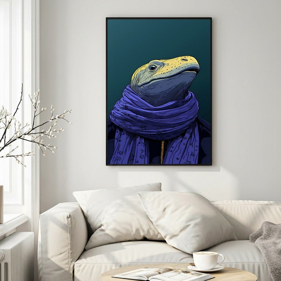 Wadi Home Dapper lizard wearing a purple scarf and jacket, illustration on teal background.