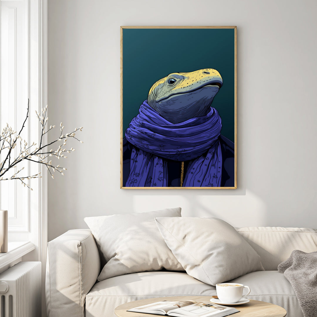 Wadi Home Dapper lizard illustration wearing a purple scarf and jacket against a teal background.