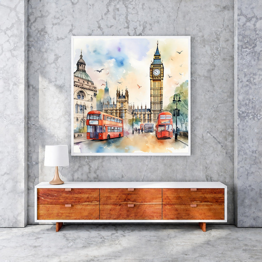 Wadi Home London cityscape watercolor art print featuring red double-decker buses and Big Ben.