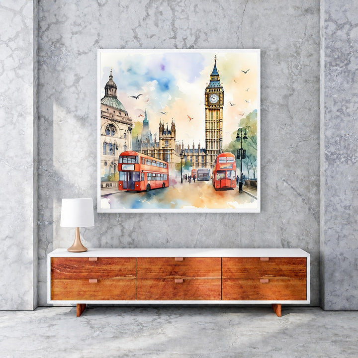 Wadi Home London cityscape watercolor art print featuring red double-decker buses and Big Ben.