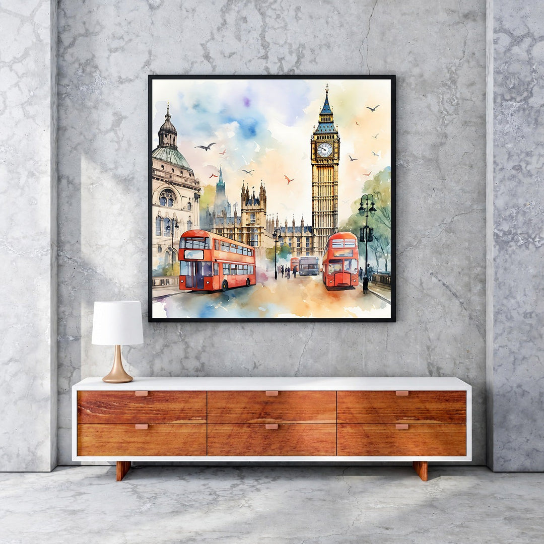 Wadi Home London cityscape watercolor art print featuring red double-decker buses and Big Ben.