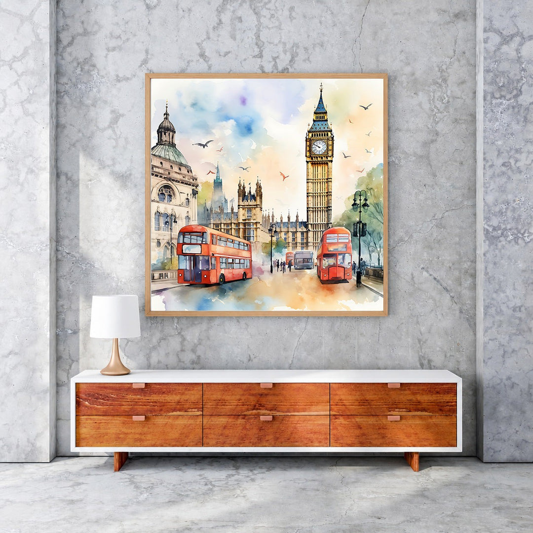 Wadi Home London cityscape watercolor art print featuring red double-decker buses and Big Ben.