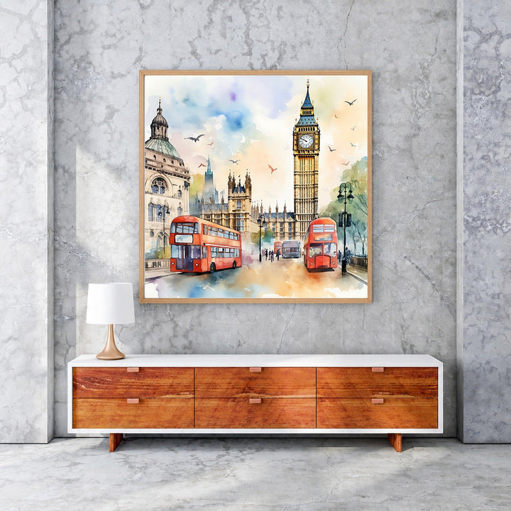 Wadi Home London cityscape watercolor art print featuring red double-decker buses and Big Ben.