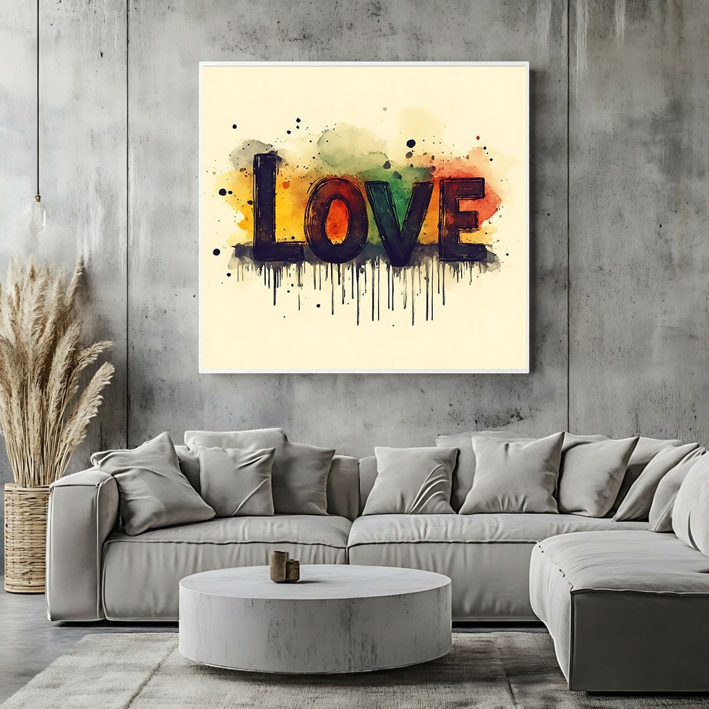 Wadi Home framed wall art featuring abstract LOVE typography with colorful watercolor splashes on a cream background.