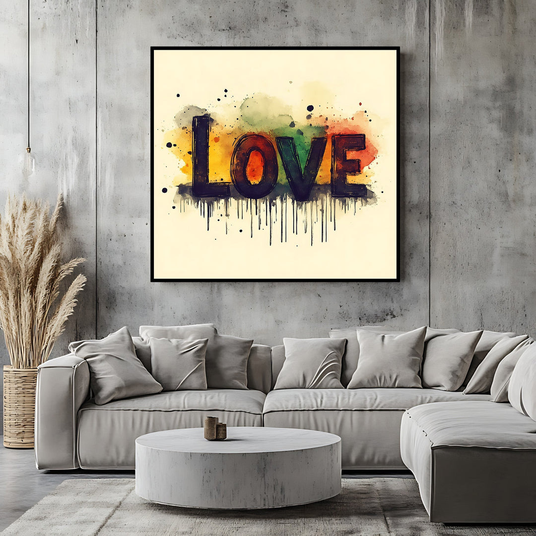 Wadi Home framed wall art featuring abstract LOVE typography with watercolor splashes on a cream background.