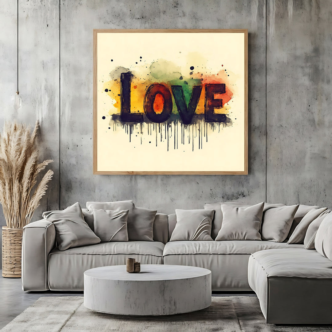 Wadi Home framed wall art featuring abstract LOVE typography with colorful watercolor splashes on a cream background.
