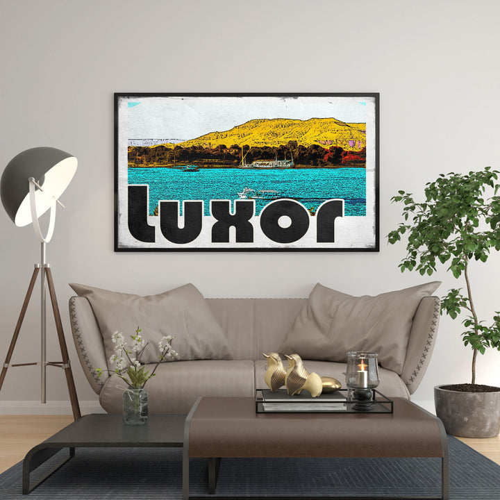 Wadi Home Luxor vintage travel poster with feluccas on the Nile River and desert hills. Bold graphic text.