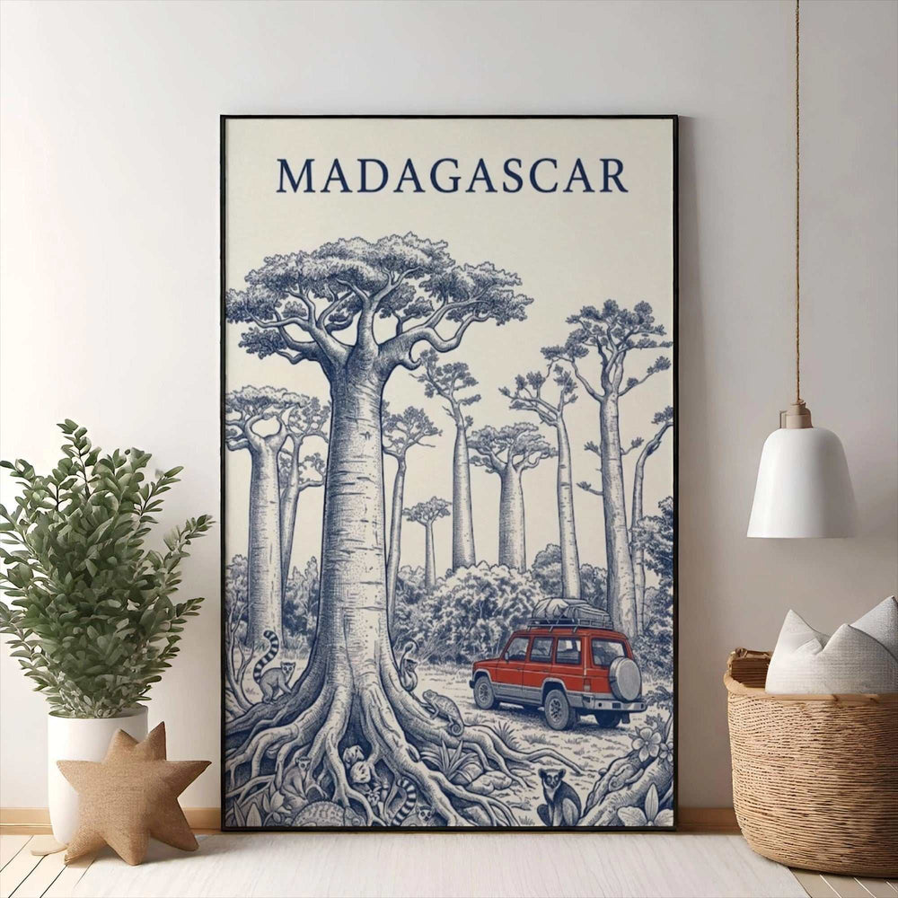 Wadi Home Madagascar Baobab Forest safari adventure print with vintage illustration of baobab trees and red safari vehicle.