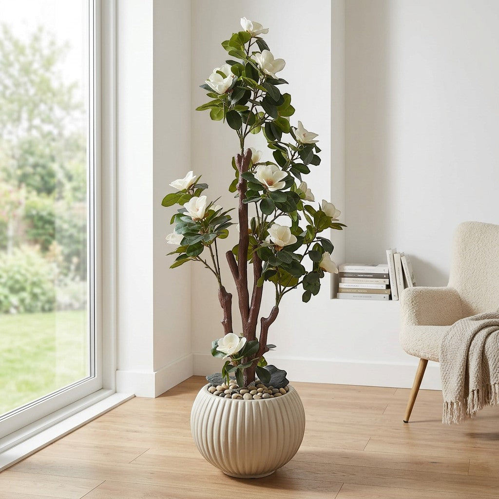 Wadi Home artificial Magnolia Blossom Tree with white flowers and green leaves in a ribbed cream planter with stones.