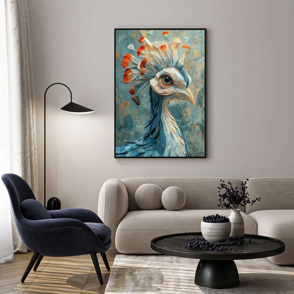 Wadi Home Majestic Peacock Portrait Wall Art featuring a blue and orange peacock head with intricate feather details on a textured background.