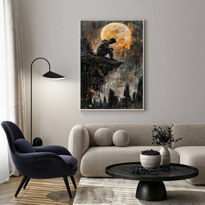 Wadi Home canvas print of a man sitting on a cliff overlooking a city under a full moon, with dramatic light and shadow.