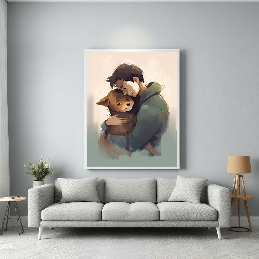 Wadi Home art print of a man in a green hoodie hugging a brown dog, depicting love and loyalty.