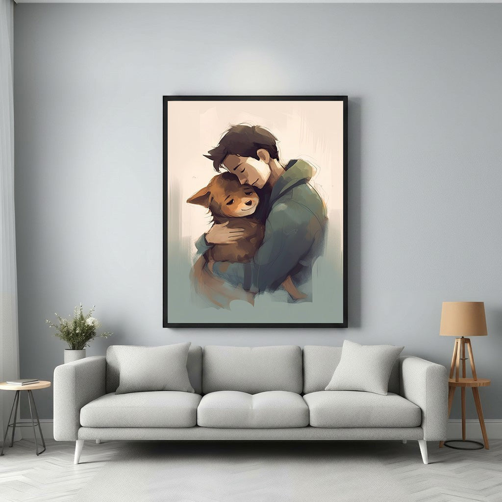 Wadi Home art print of a man in a green hoodie tenderly hugging a brown dog, evoking loyalty and friendship.