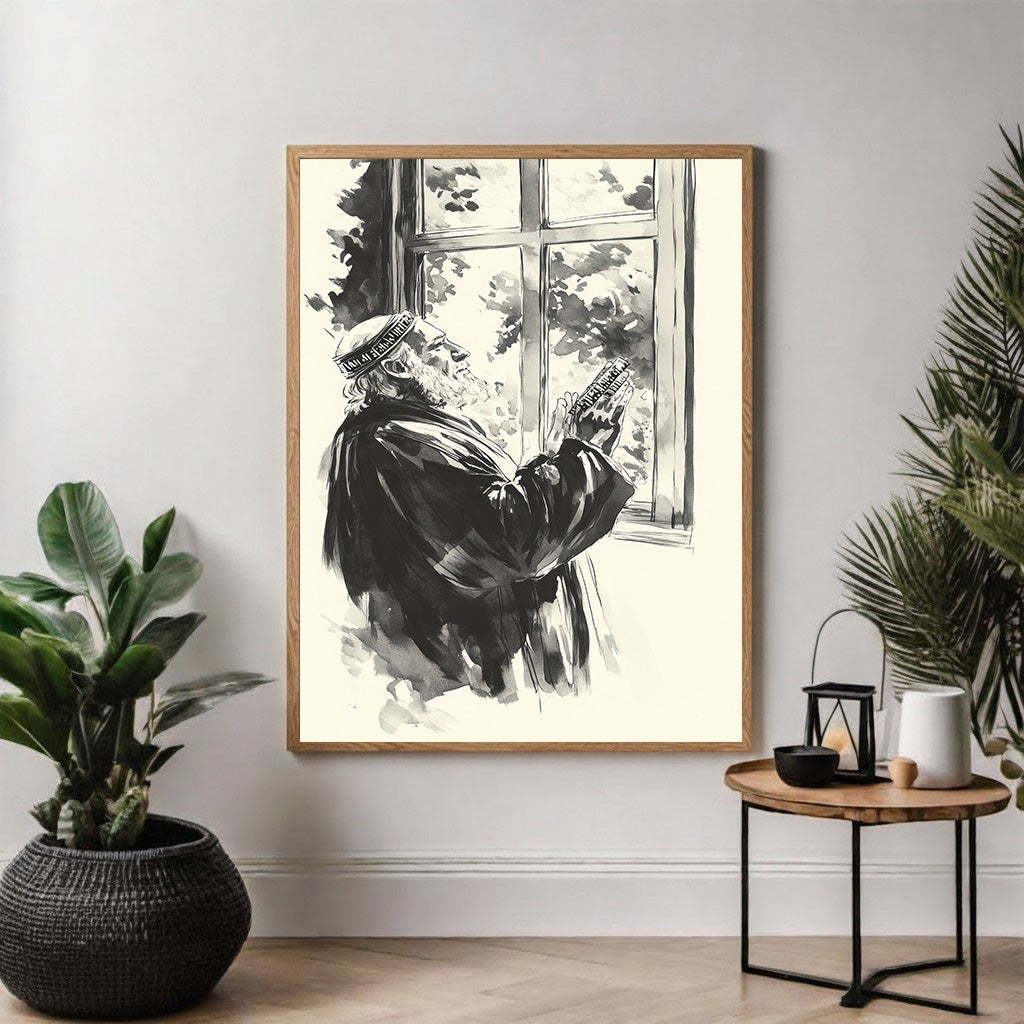 Wadi Home black and white watercolor art print of a man praying by a window, wearing a traditional cap and robe.