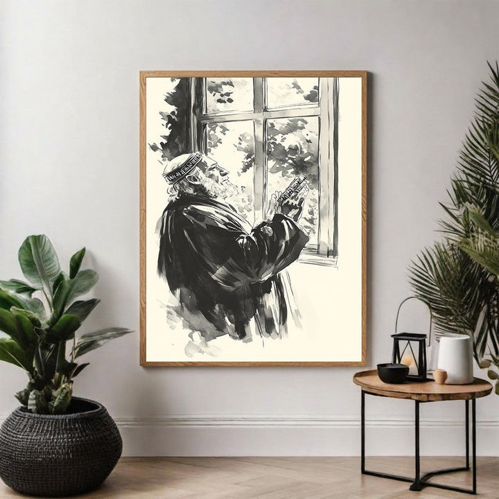 Wadi Home black and white watercolor art print of a man praying by a window, wearing a traditional cap and robe.