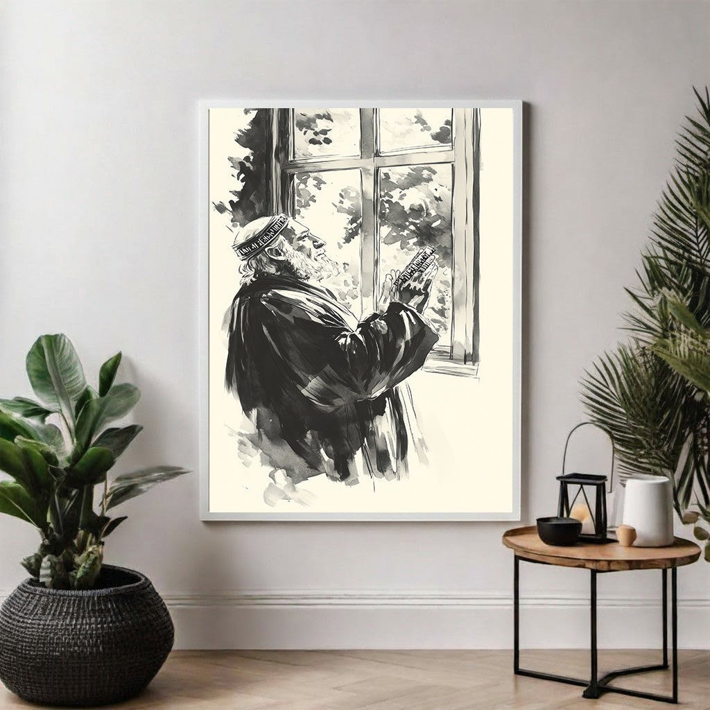 Wadi Home black and white watercolor art print of an elderly man praying by a window, wearing a traditional cap.