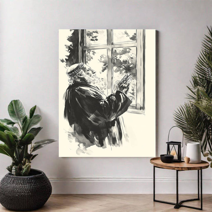 Wadi Home black and white watercolor art print of an elderly man with a beard, wearing a prayer cap, praying by a window. The artwork has a serene and contemplative feel.