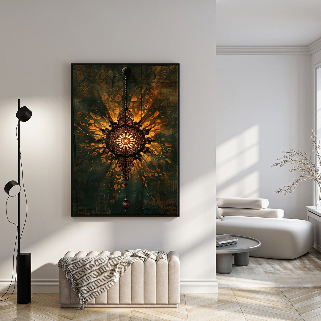 Wadi Home Intricate Mandala Wall Art in gold and deep teal, featuring a bohemian design with spiritual depth, perfect for living rooms or meditation spaces.