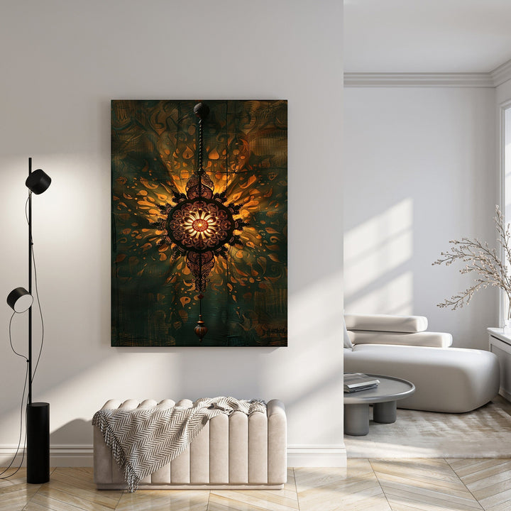 Wadi Home intricate mandala wall art in gold and deep teal, featuring a hanging lantern design with bohemian elegance.