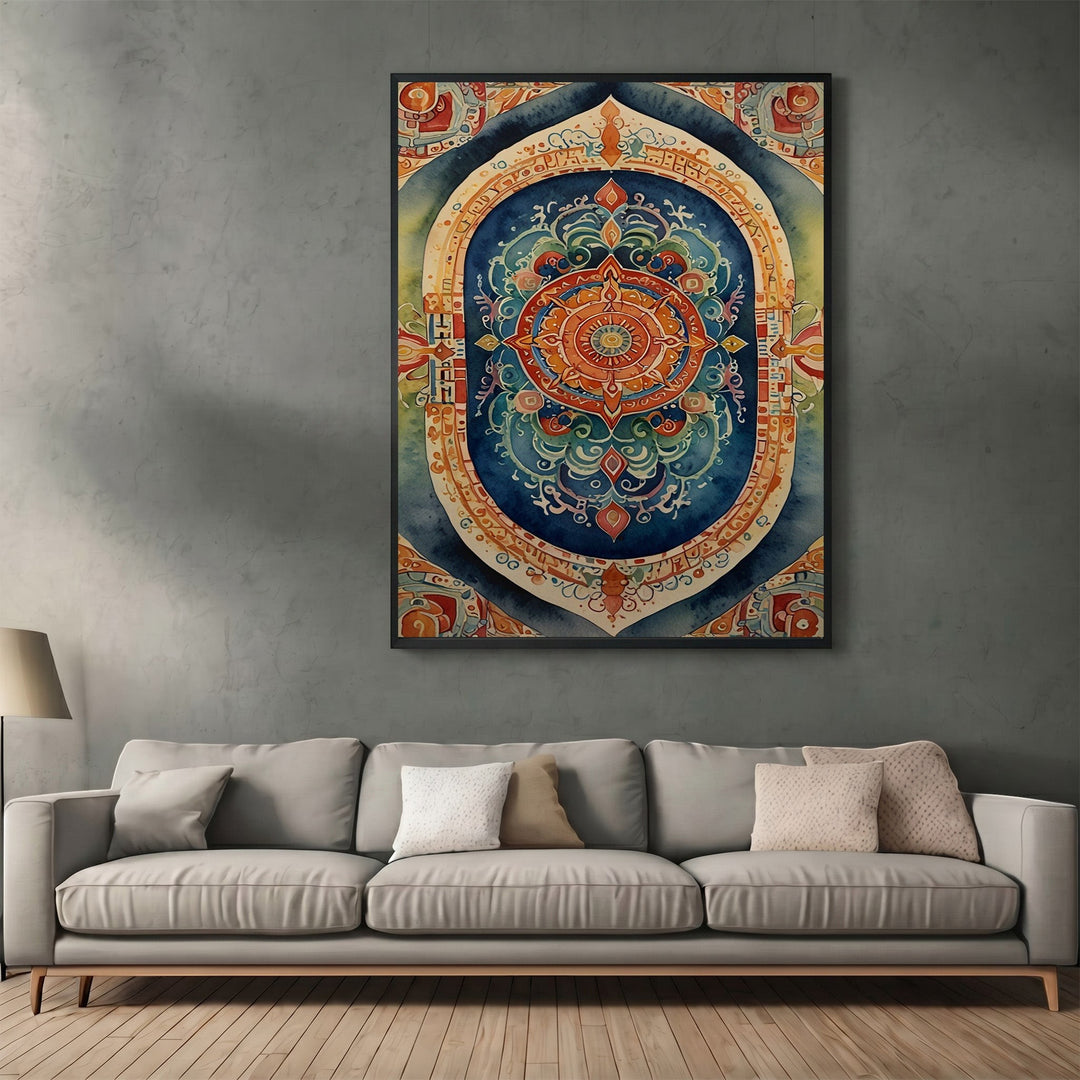 Wadi Home decorative mandala wall art print with intricate geometric patterns in deep blue, orange, and gold hues.