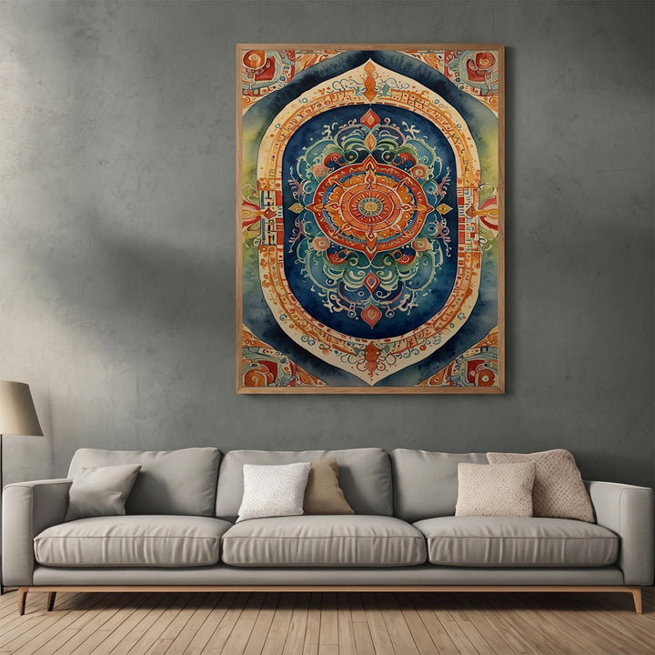 Wadi Home decorative mandala wall art print with intricate geometric patterns in deep blue and orange on a grey wall.