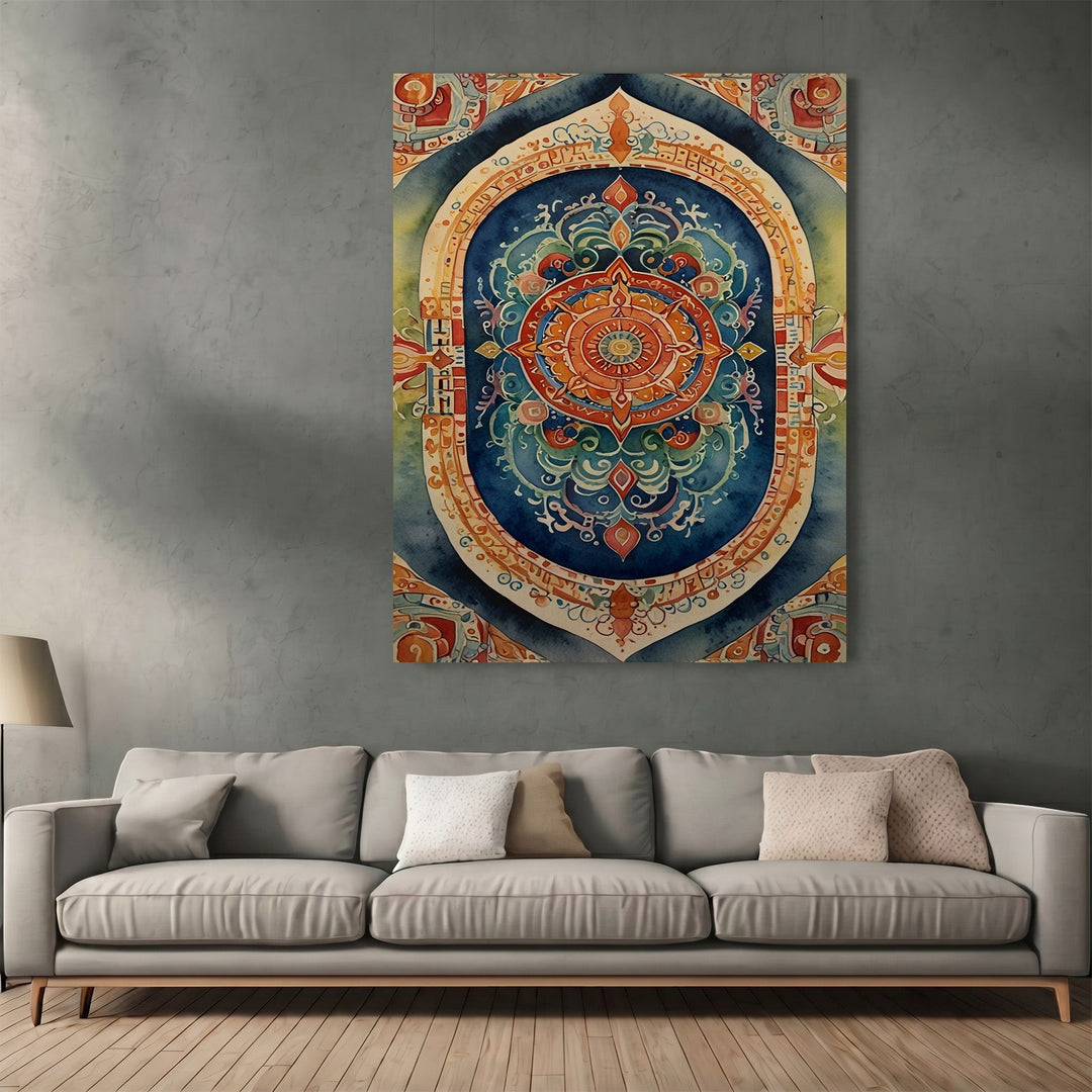 Wadi Home decorative mandala wall art print with intricate geometric patterns in deep blue, orange, and gold above a sofa