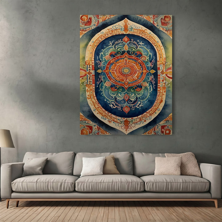 Wadi Home decorative mandala wall art print with intricate geometric patterns in deep blue, orange, and gold above a sofa