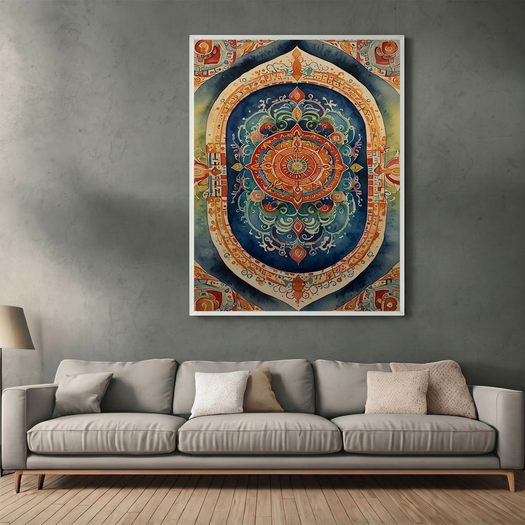 Wadi Home mandala wall art print with intricate blue and orange geometric patterns hanging above a modern sofa.