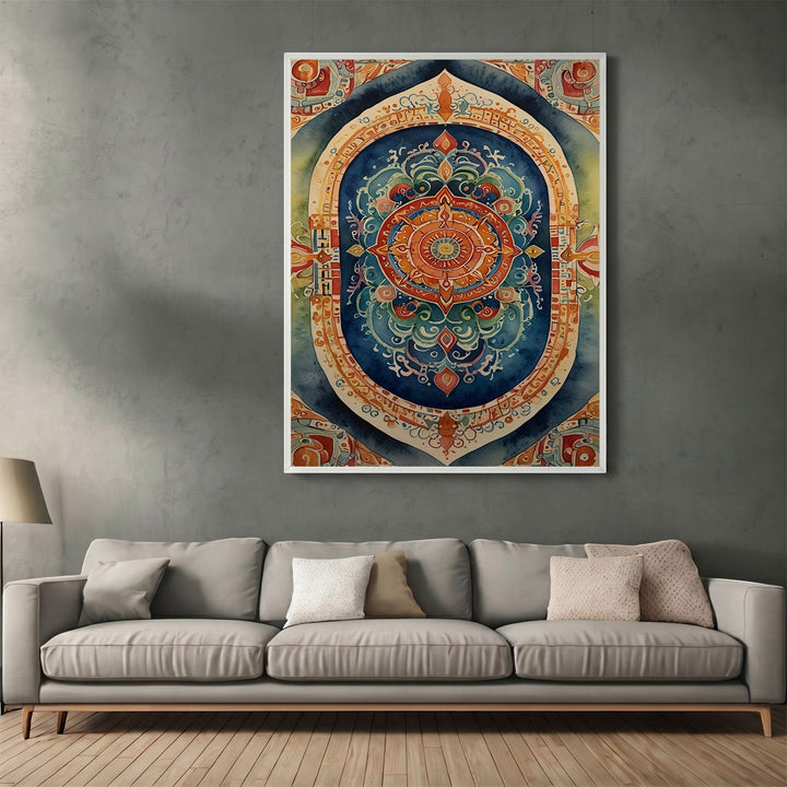 Wadi Home mandala wall art print with intricate blue and orange geometric patterns hanging above a modern sofa.