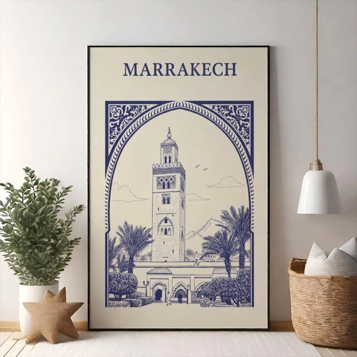 Wadi Home blue and cream line art print of Marrakech Koutoubia Mosque with palm trees and mountains.