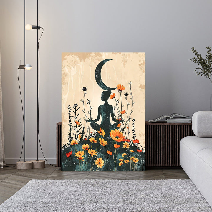 Wadi Home meditating woman silhouette under crescent moon, surrounded by orange wildflowers and butterflies. Bohemian art.
