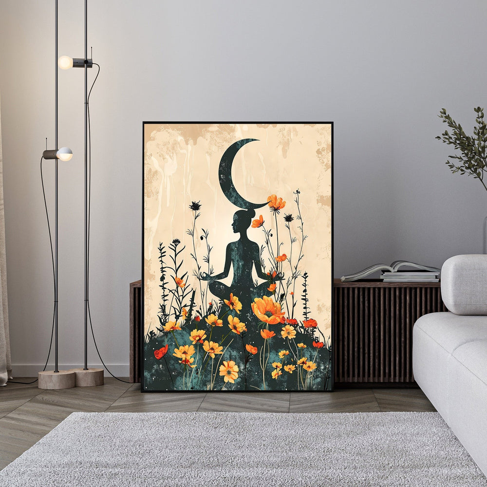 Wadi Home meditating woman under crescent moon wall art in earthy tones with orange wildflowers and butterflies.